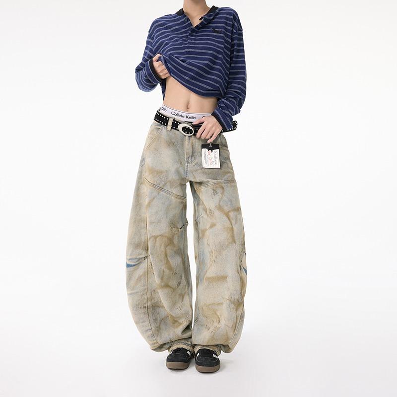 American Retro Design Sense Yellow Mud Dyed Washed Wide-leg Jeans Men's and Women's Summer Design Sense Old Scimitar Pants