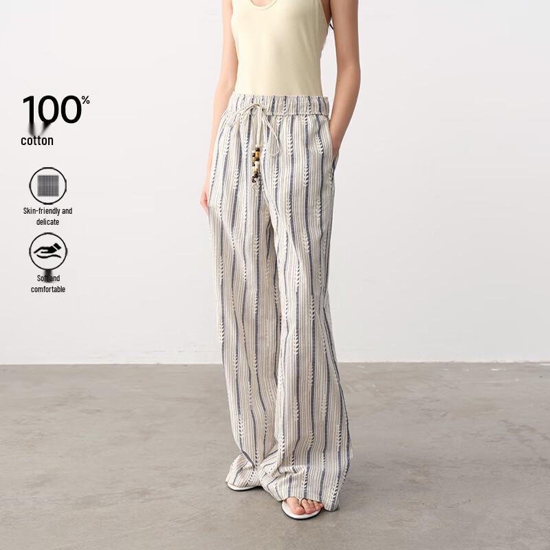 GREEN BELT Women's Embroidered Striped Drawstring Straight-Leg Casual Pants