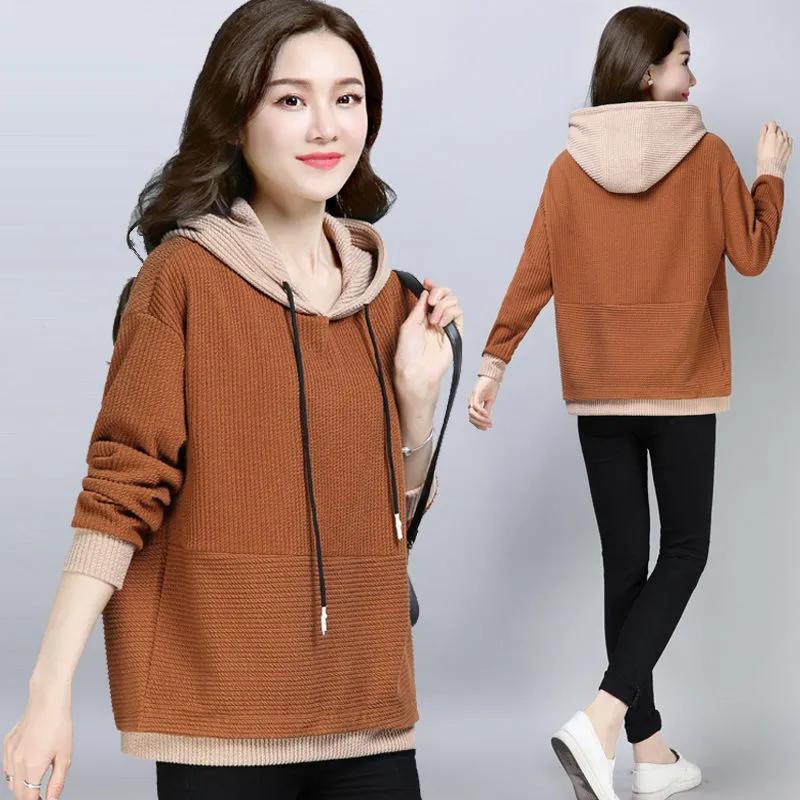Spring  Women Sweater Pullover  Fashion Color Blocked Hooded Long Sleeved Knitted Sweater   Tops