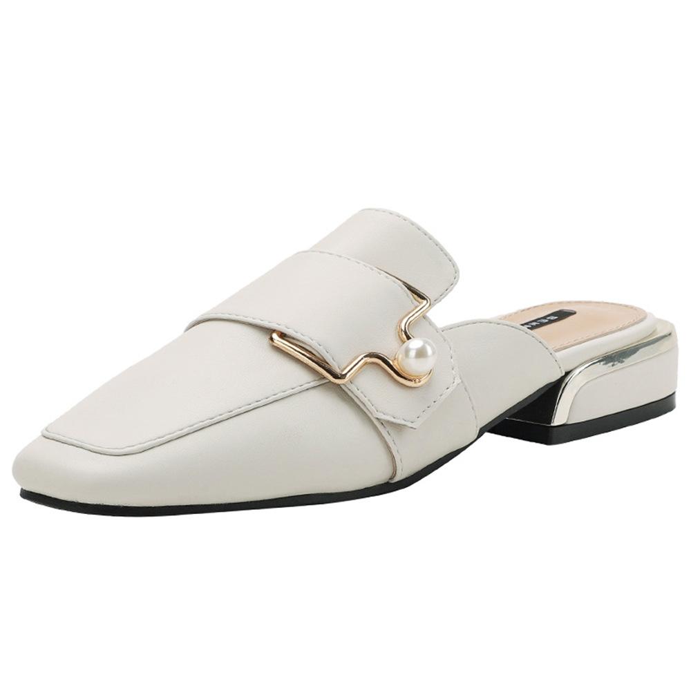 Leather Cool Slippers Women's Bag Head Half Slippers Wind Heelless Lazy Shoes Thick Heel Summer Wear Muller Shoes Women
