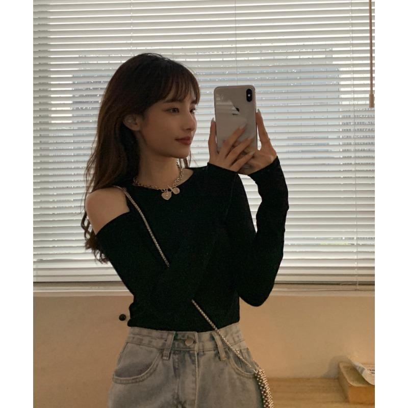 Design Sense Spice Girl Off-shoulder T-shirt Women's New Fall Long Sleeve Slim Base Shirt with A Student Top