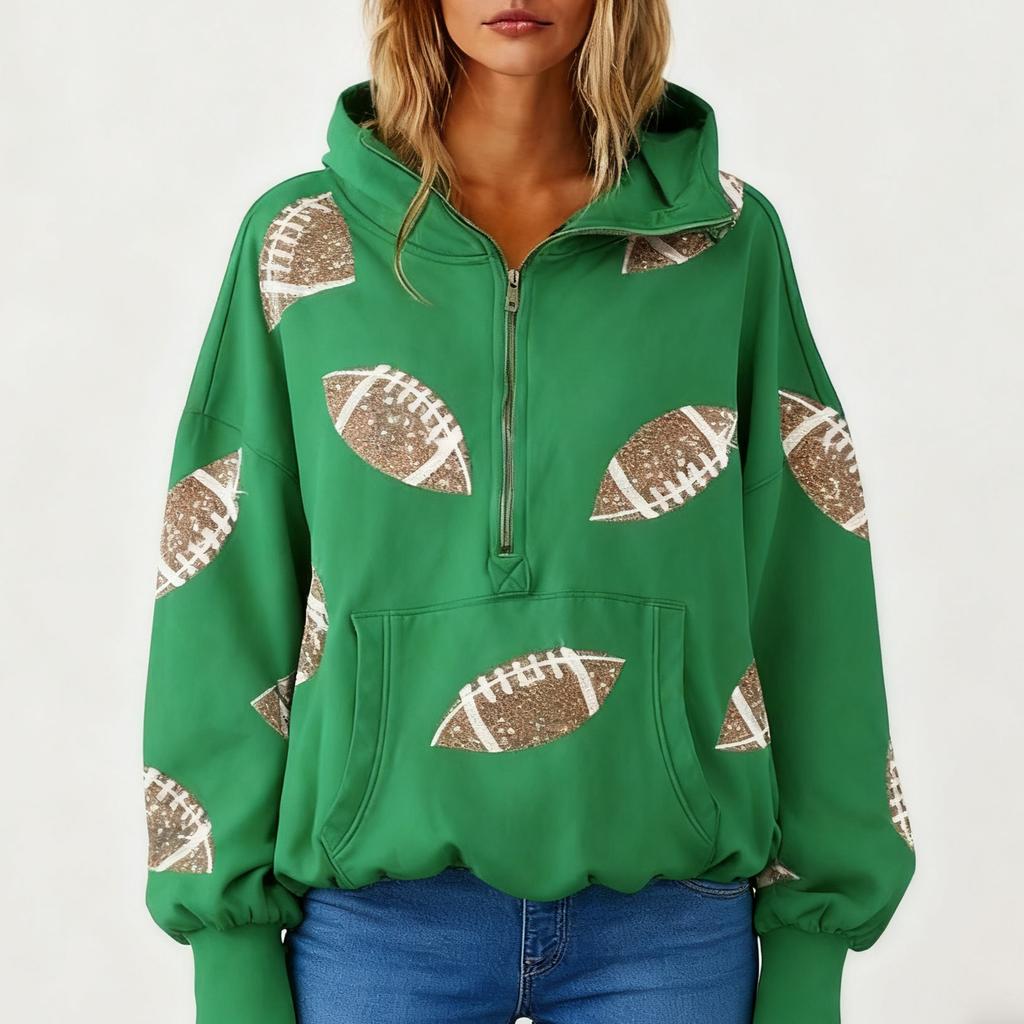 Women's Rugby Print And Pockets Long Sleeved With Half Zipper Non Velvet Thread Hooded Sweatshirt Sweatshirt