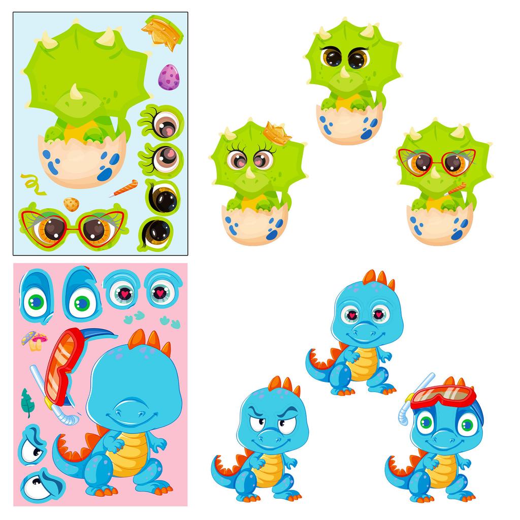 6 Sheets/Pack Dinosaur Face Change Cute Wind Independent Diy Children Quiet Toy Face Change Sticker