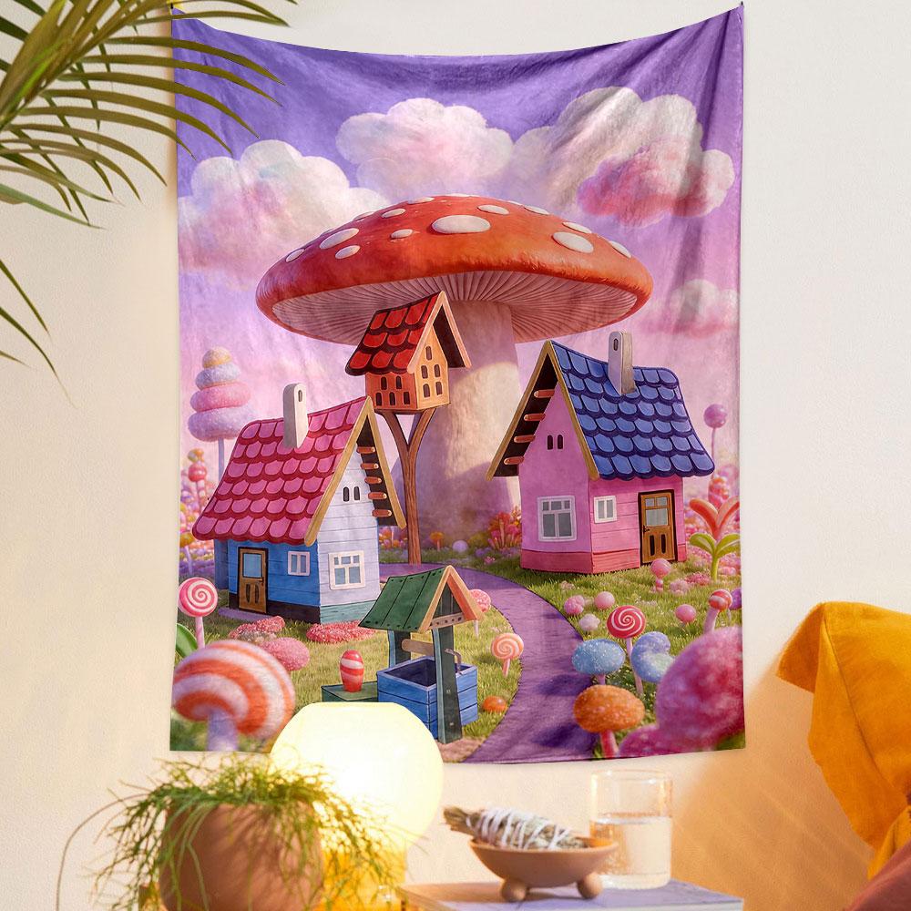 Whimsical Mushroom Village Illustration Patterned tapestry home decor, suitable for bedroom and living room, gift