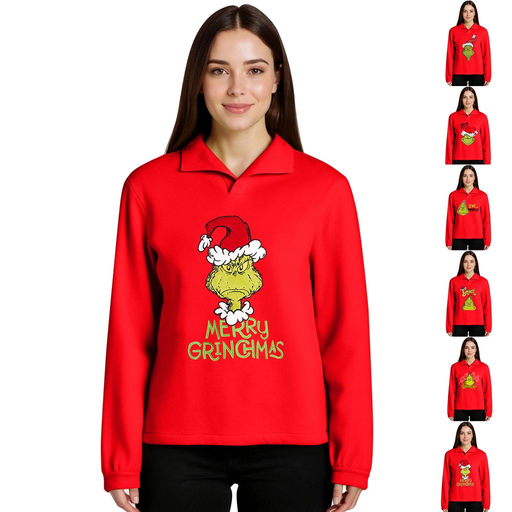 Women's Stand-up Collar Long-sleeved Pullover Top, Christmas Print Sports Top