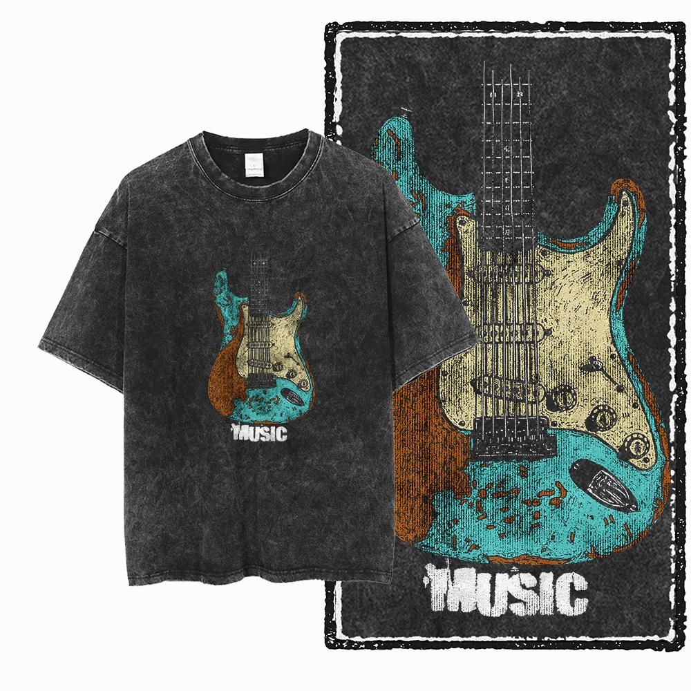 Retro Guitar and Music Graphic Tees, Vintage Washed Black Oversized Streetwear Collection for Rock Fans and Music Lovers Daily Wear Cool Top L