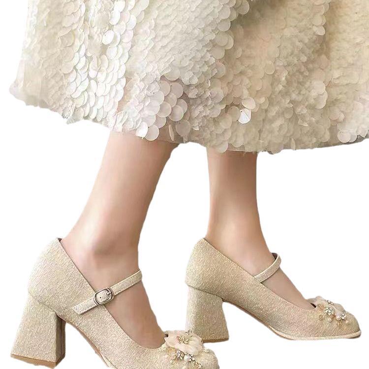 Elegant new Mary Jane high heels women's national style with cheongsam horse dress wedding shoes small bridesmaids thick heels single shoes