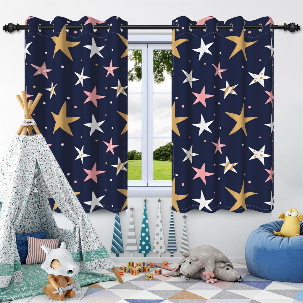 2pcs Moon Stars Window Curtains Children Bedroom Home Living Room Decoration Blackout Curtain Heat Insulation Noise Reduction