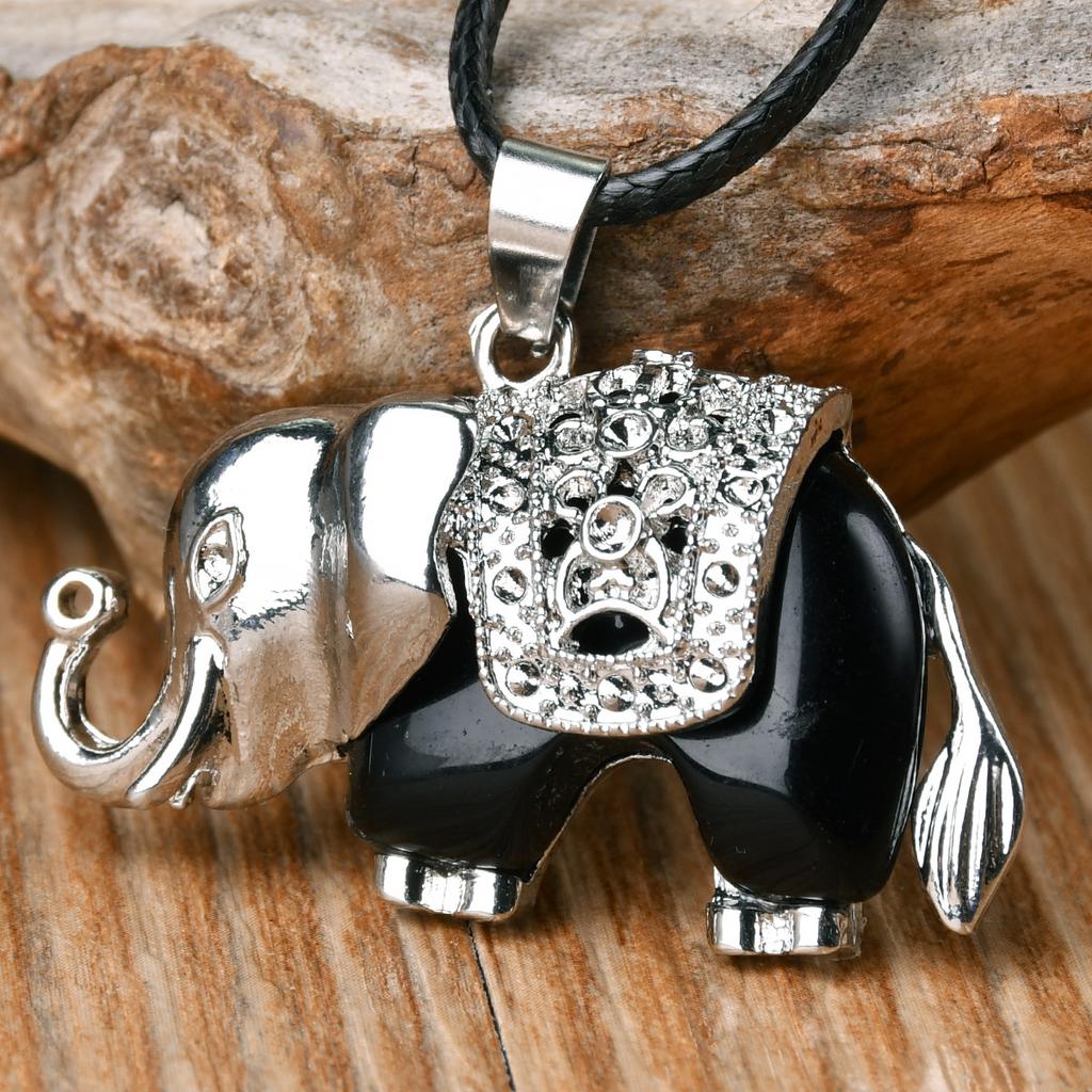 1Pcs Natural Stone Elephant Pendant Necklace for Both Men and Women, Tiger Eye Stone Leather String Necklace