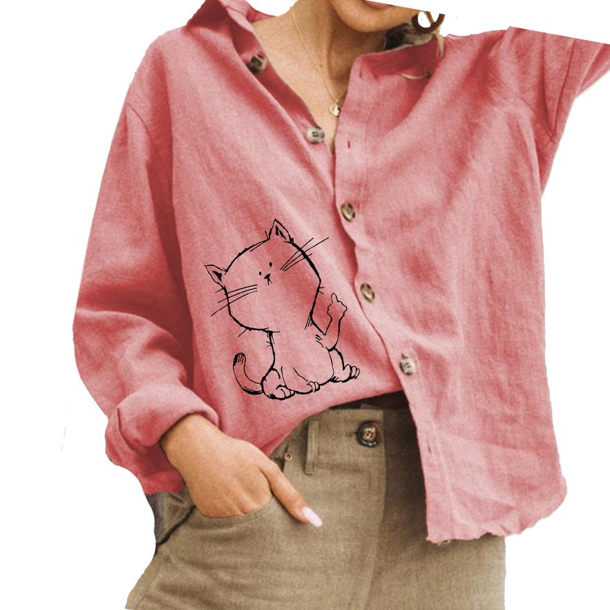 Women Fashion Cotton Linen Shirt Casual Cat Print Blouse Ladies Turn-down Collar Button-down Shirt