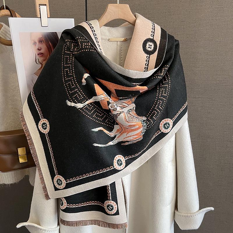 Luxury Winter Faux Cashmere Scarf for Women Fashionable Thickened Little Horse Design European And American Style Warm Shawl