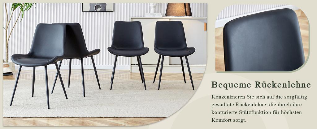 4-Piece Set Modern Dining Chairs in Black with PU Cover and Metal Frame - Wide Seats with Backrest, for Dining Room, Home Office and Living Areas