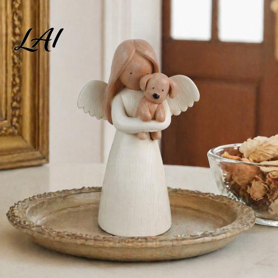 Nordic Style Angel Figurine Holding Puppy Figurine Cute Dog Resin Statue for Home Cozy Atmosphere Desktop Ornaments Desk Decor Handcrafted