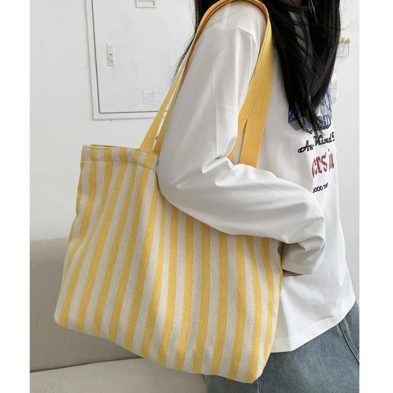 Simple Striped Women's Canvas Casual Shoulder Bags Fashi Large Capacity Ladies Tote Handbags Female Daily Shopping Bags
