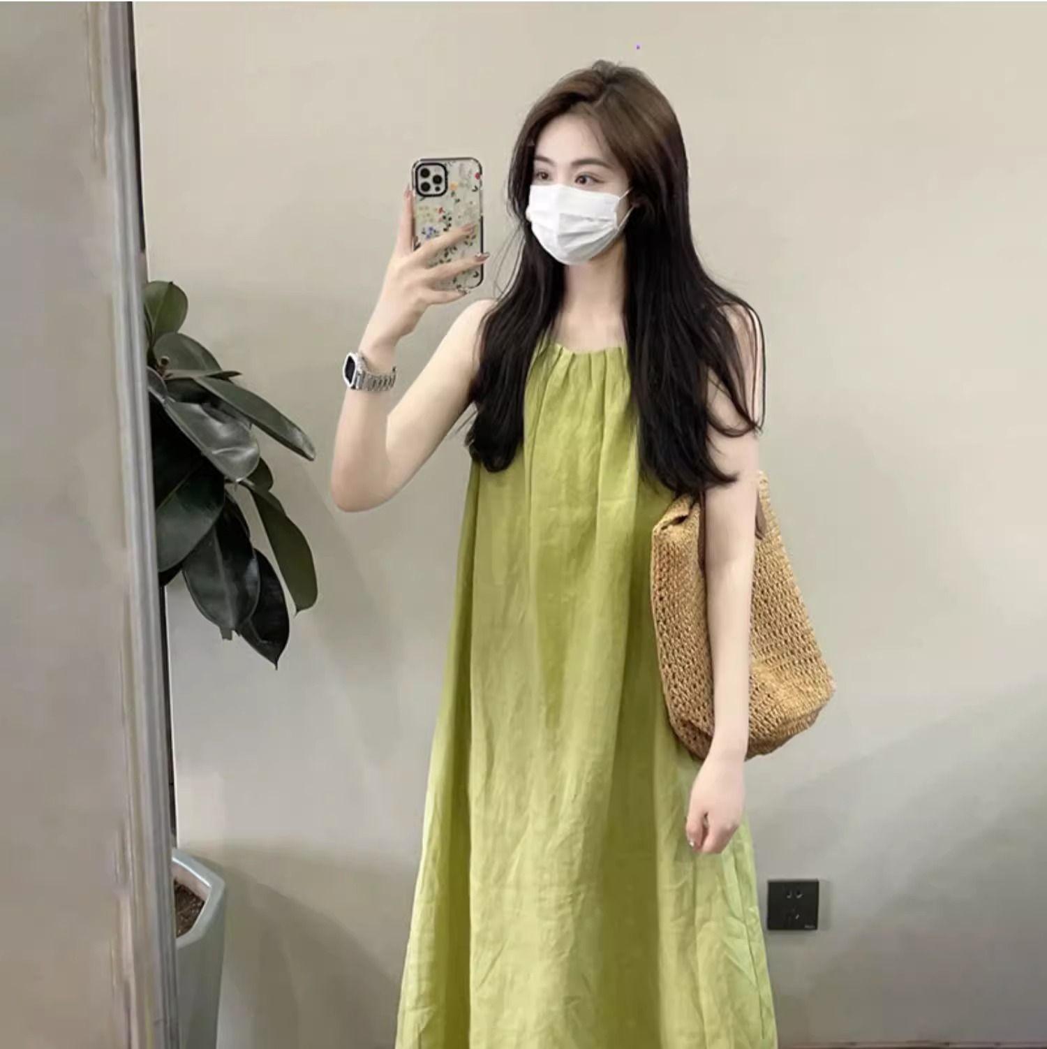 

French green sleeveless loose and thin drape vest dress summer new chubby girl wear XXL зелений