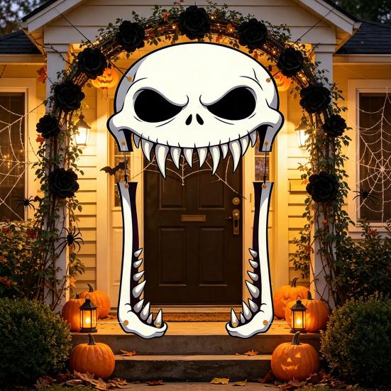Front Door Background Decor Halloween Giant Skull Banner, Spooky Skeleton Porch Hanging Creative Scary Entrance Banners for Yard, Outdoor Party