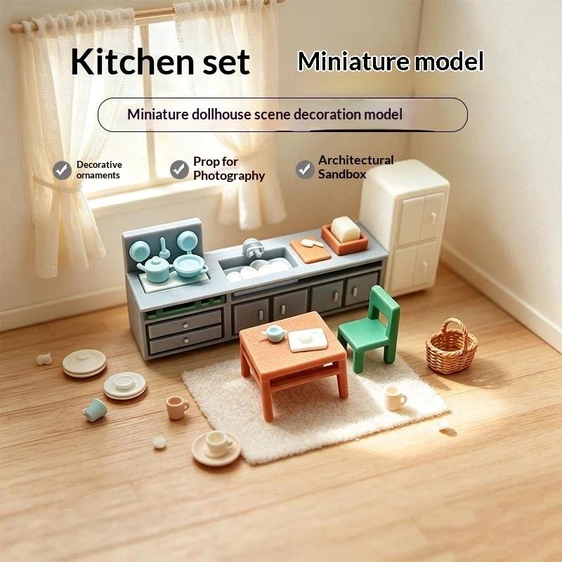 Miniature Kitchen Living Room Furniture Ornament Dollhouse Mini Sink Cabinet Table Chair Model Dollhouse Scene Layout Props