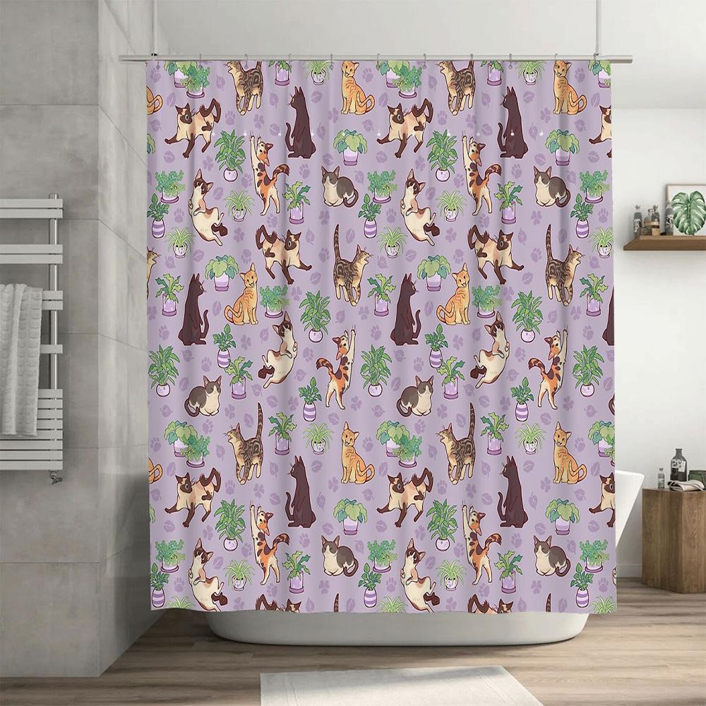 Cute Cat Plant Pattern Shower Curtain Woodland Forest Animal Bathroom Decor Washable Waterproof Home Textile