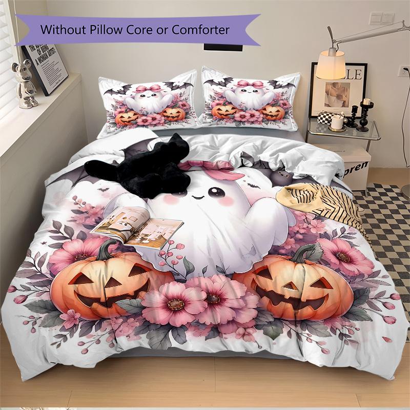 3pcs Pretty Ghost Pumpkin Flower Halloween Design Bedding Set - Includes Quilt Cover and Pillowcases, Suitable for All Seasons, Machine Washable