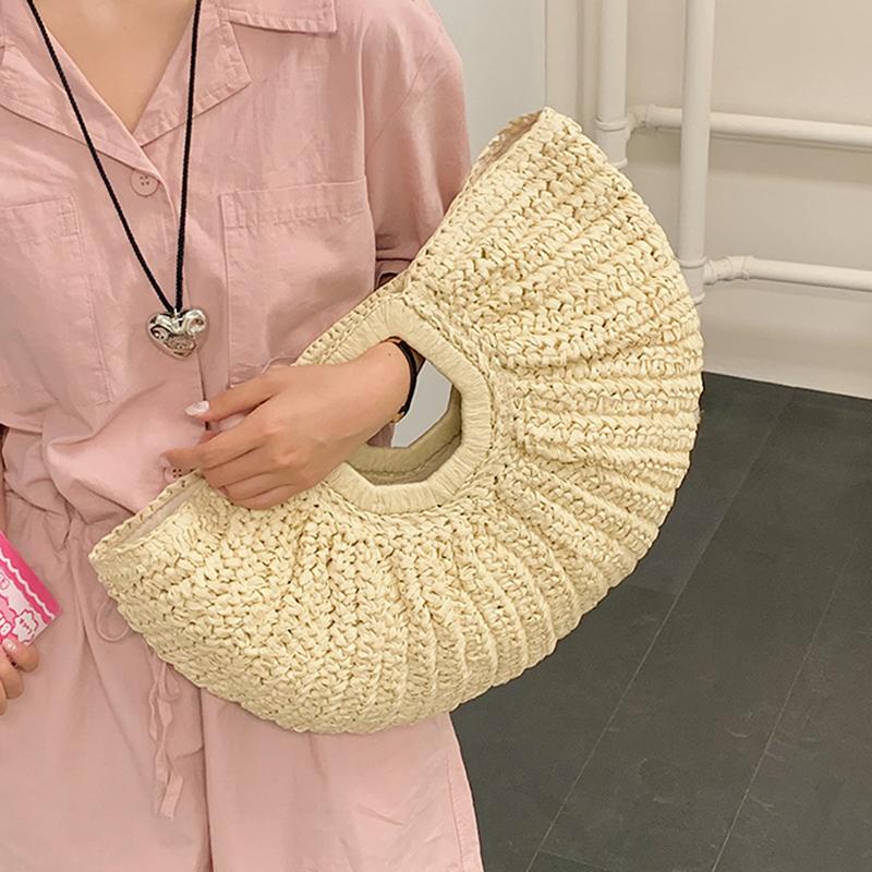 Sommerhalm Kvinner Half-moon Beach Handbag Rattan Håndlaget håndtak Mote Kintted Tote Bag