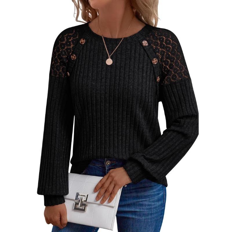 Women's Round Neck Solid Color Hollow Button Long Sleeved Casual Patchwork Top
