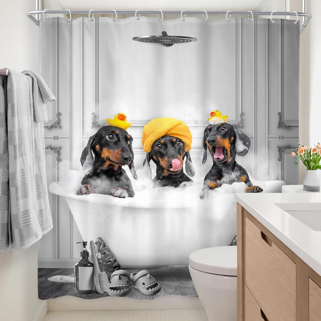 Lustige Hunde Duschvorhang 72Bx72H Zoll Dackel badet in Badewanne Niedliches Tier Welpe Haustier Urkomischer Duschvorhang Badezimmer-Set