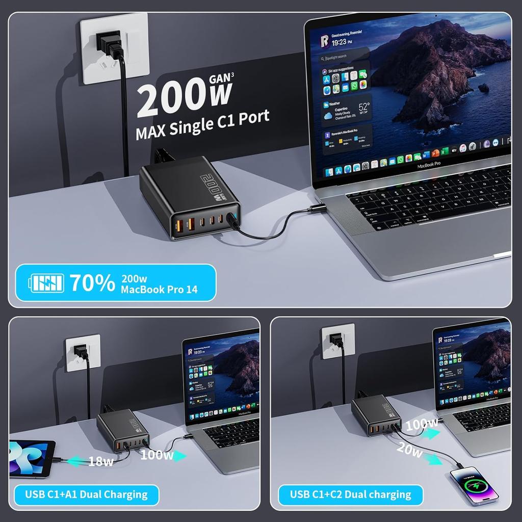 200W GaN Desktop Charger 3C+3A 6 Port Output 100W Single Type-C Port Charging Station for Phones Tablets