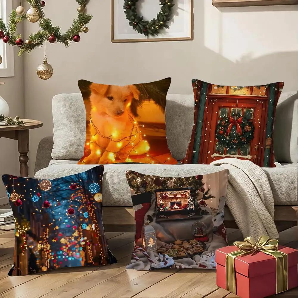 Beautiful Christmas Light Decorations Picture Third Pillow Case Silky Short Plush With Invisible Zipper Dustproof Sofa Cushion
