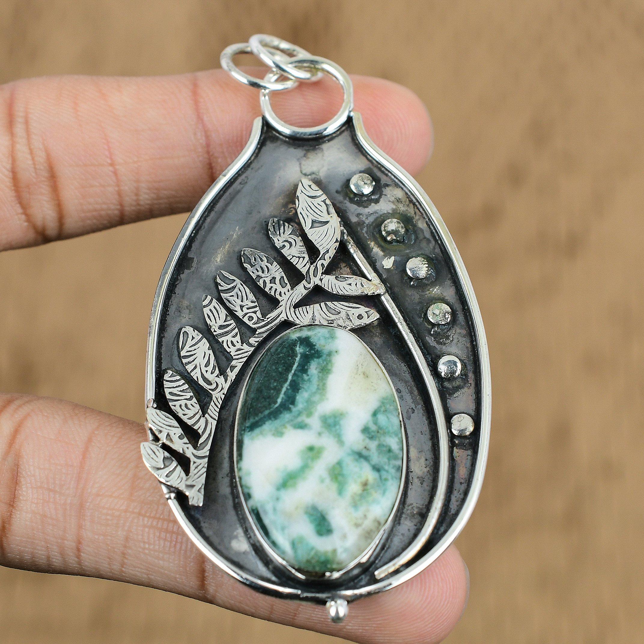 

Mothers day Sale 925 Silver Oval Moss Agate Stone Sister Ethnic Pendant Jewelry