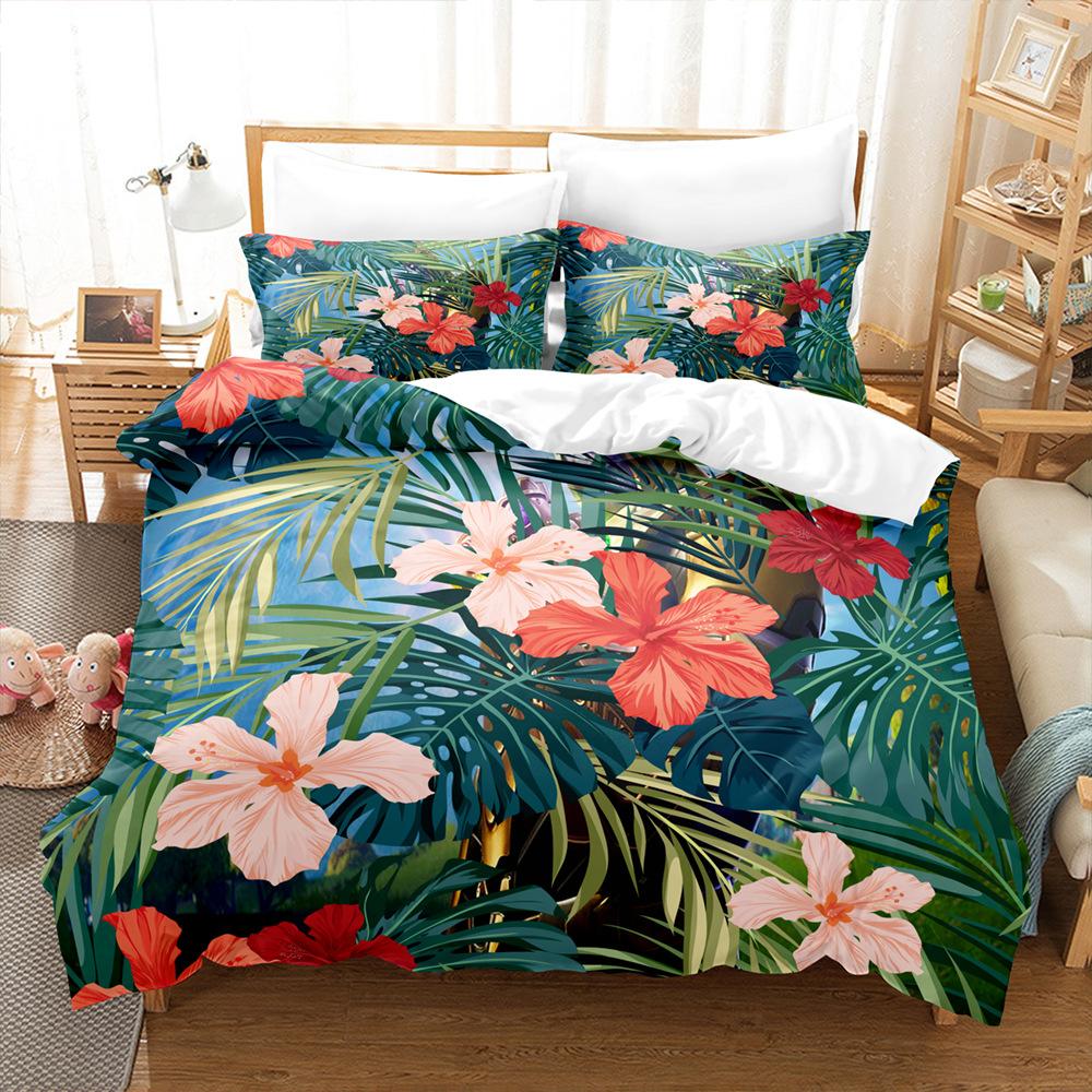 3D Digital Printing Quilt Cover Tropical Plant Green Leaf Flower Three-Piece Set Abrasive Bedding