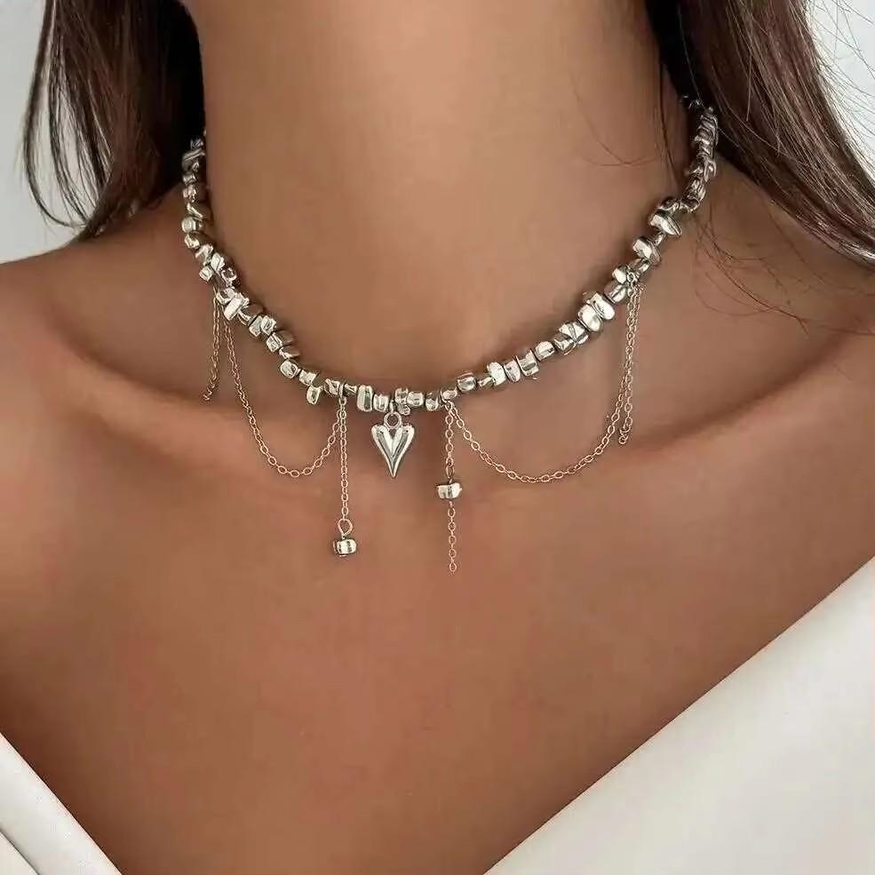 Salircon 2Pcs/set HipHop Irregular CCB Beads Chain Necklace Women Vintage Gold Color Heart Pendant Necklace Jewelry Holiday Gift
