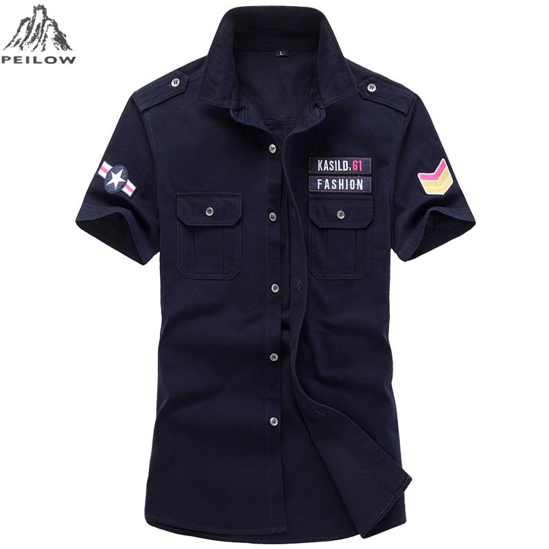 Plus Size 6xl Mens Pilot Shirt Short Sleeve Patchwork Pocket Shirts Men Army Military Shirts Male