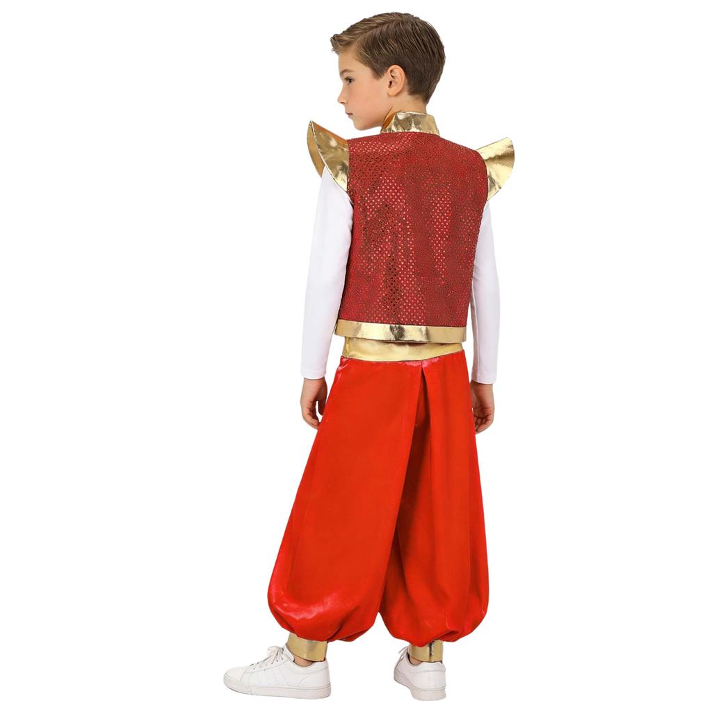 Set 2 Piese Vestă Basm Arabesc Băieți Paiete Metalic Guler Înalt Umeri Pad Pantaloni Largi Talie Înaltă