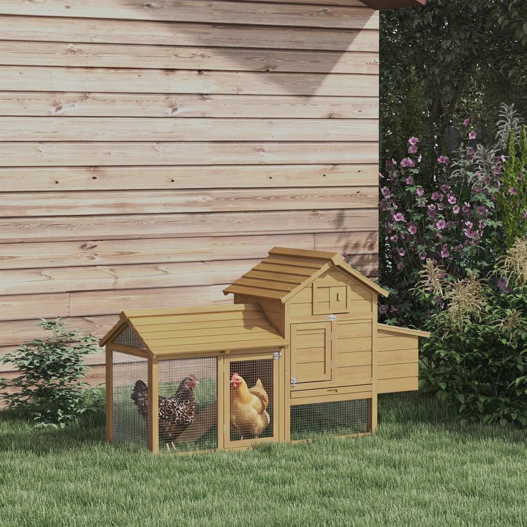 Prefabricated Wooden Chicken Coop for 2 Hens with Enclosure and Nesting Box, 151.5x54x87cm