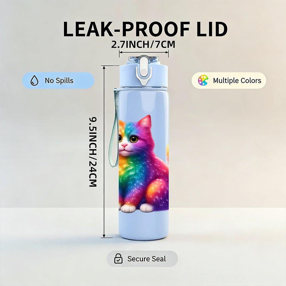 1PC Rainbow Fluffy Cat Art 750ml Color Plastic Sports Water Bottle Leakproof Flip Straw Lid Suitable for Sports Office Home Use