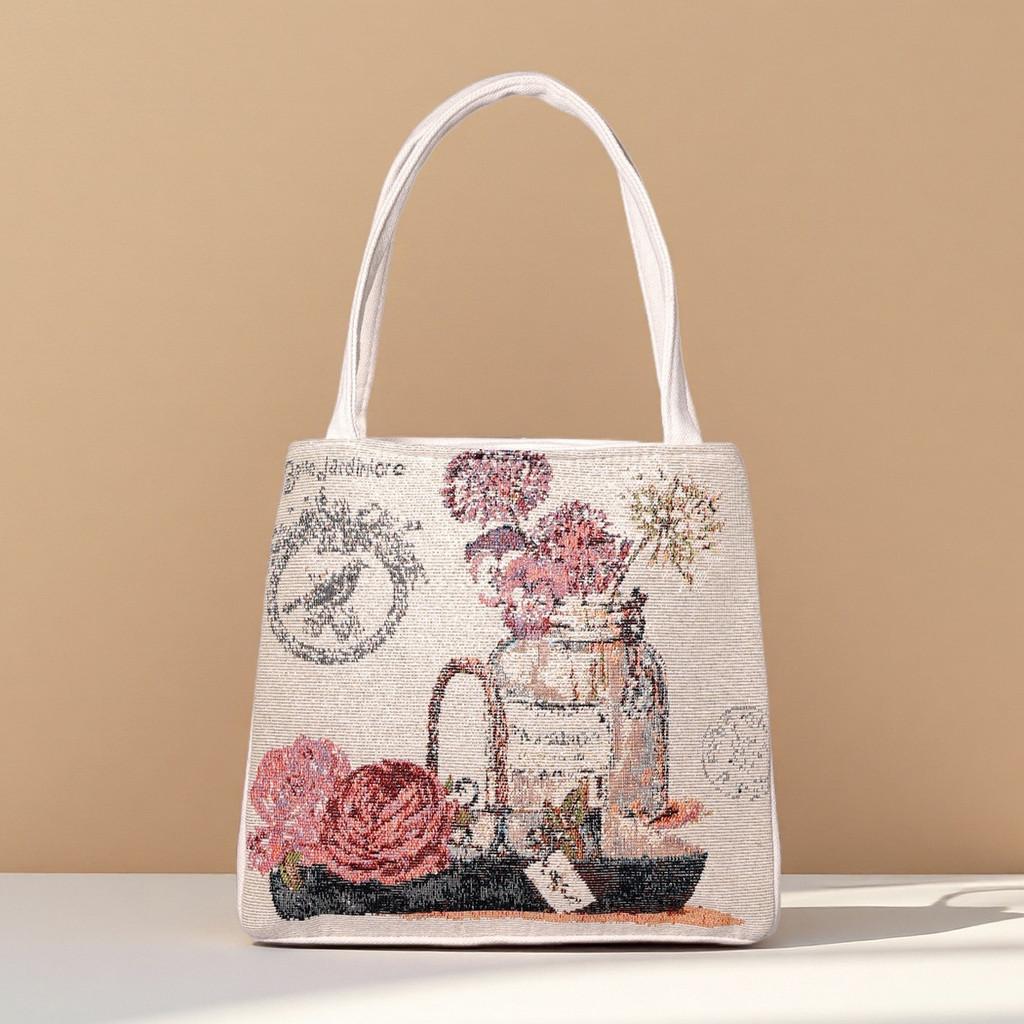 Panda Pattern Canvas Handheld Bag With Embroidery For Casual Day Use
