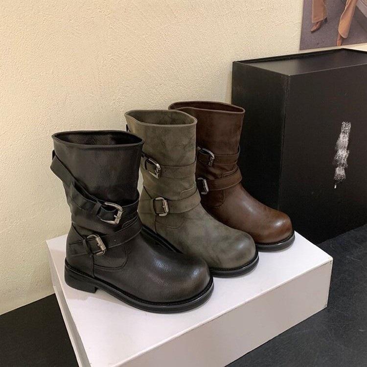 Medium Tube Knight Boots Large Tube Circumference Fashion Belt Buckle Boots Women's Folds Pile Thick Heel Retro Style New Thin