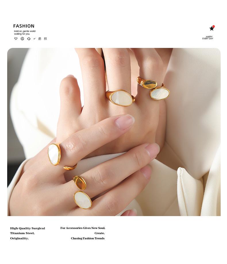 European & American Luxury Titanium Gold-Plated White Mother-of-Pearl Open Ring for Women