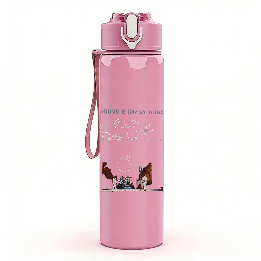 1PC Faint light blue faded band text sketch print 750ml colorful plastic sports water bottle leakproof pop up lid with straw for outdoor work home use