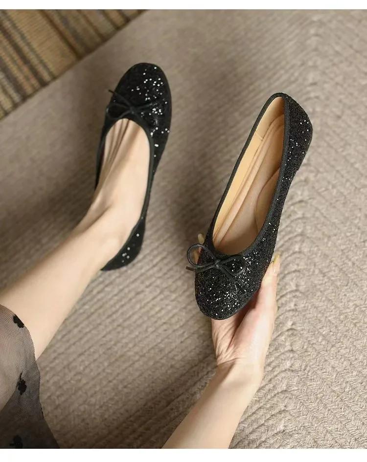 Fashion Japanned Leather Ballet Flats Women Round Toe Soft Bottom Bowtie Flat Shoes Woman Working Driving Shoes Big Size 43 Ballerina