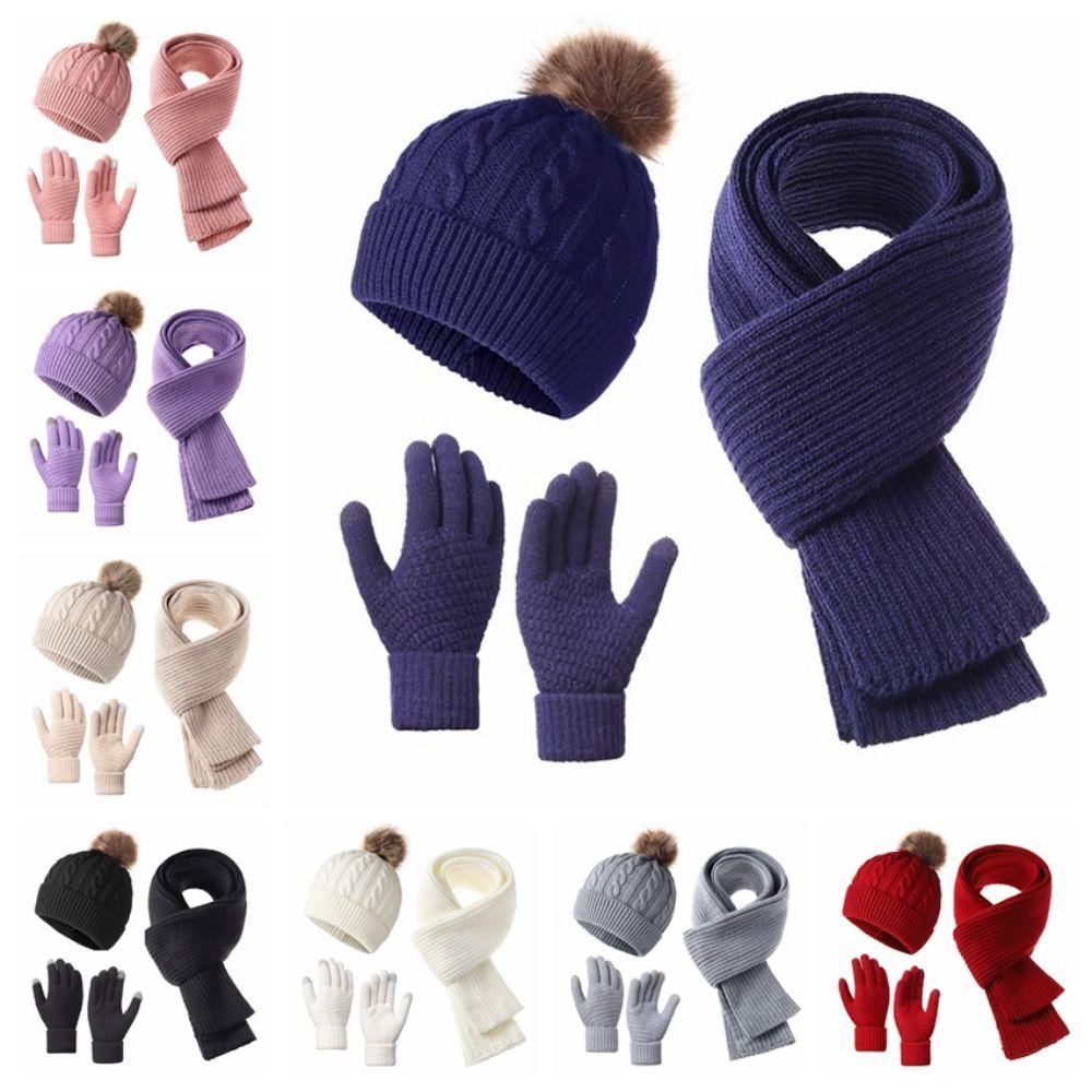 3Pcs/Set Woolen Hat Cold Proof Knitted Scarf Fashion Scarf Hat Gloves Set Cycling