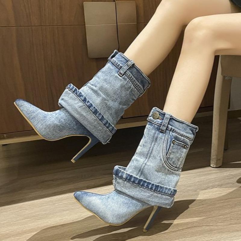 Fashion Hot Selling 2025 Winter New Women's Fashion Denim Pointed Toe High Heels Mid-calf Fashion Boots Women's Sleeve Cowboy Boots