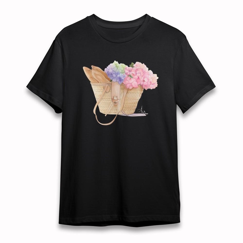 

Women s Plus Size Classic T-Shirt Woven Basket with Flowers and Baguette Art Tee 4XL