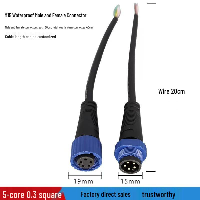 M15 IP65 Waterproof Automotive Connector Cable, 2P/3P/4P/5P LED Power Supply, Male-Female Connector