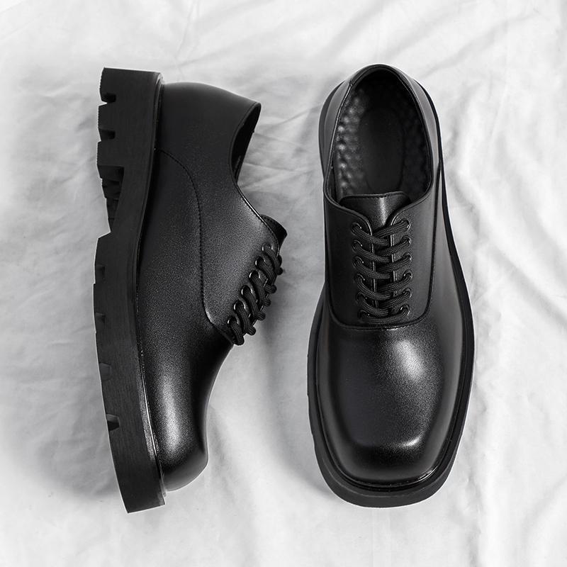 Fashion Men Korea Leather Platform Oxfords Slip On Thick Tottom Male Derby Shoes Casual Loafers Mens Square Toe Formal Dress Shoes 38-48