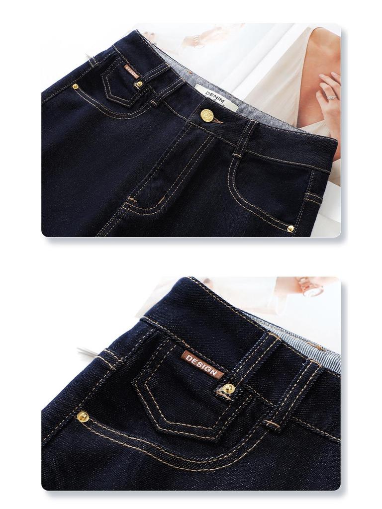 Women's Dark Blue High-Waisted Straight-Leg Jeans with Turn-Up Cuffs - New 2025 Spring/Autumn Slim Fit and Loose Wide-Leg Style