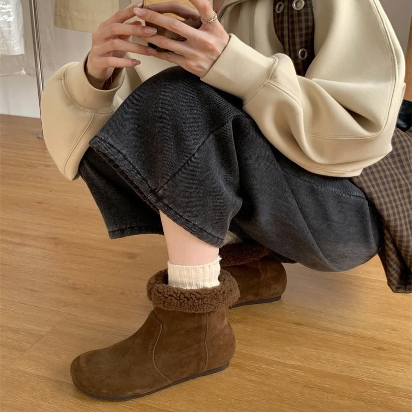 Snow cotton boots women's big head ugly cute bread shoes lapel two wear Boken shoes matte leather retro velvet flat boots