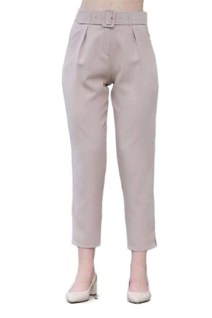 Women's Style Plus Size Pants Belt And Pleat Detailed Fabric Trousers 1754 Mink