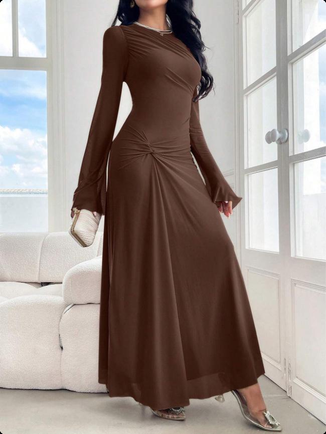 2026 European Chic Trumpet Sleeve Slim Fit Elastic Wrinkled Dress