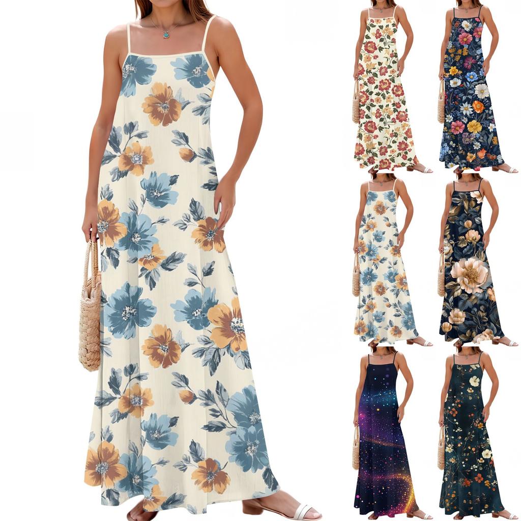 Women's Spring And Summer Casual Fashion Adjustable Suspenders Printed Long Dress